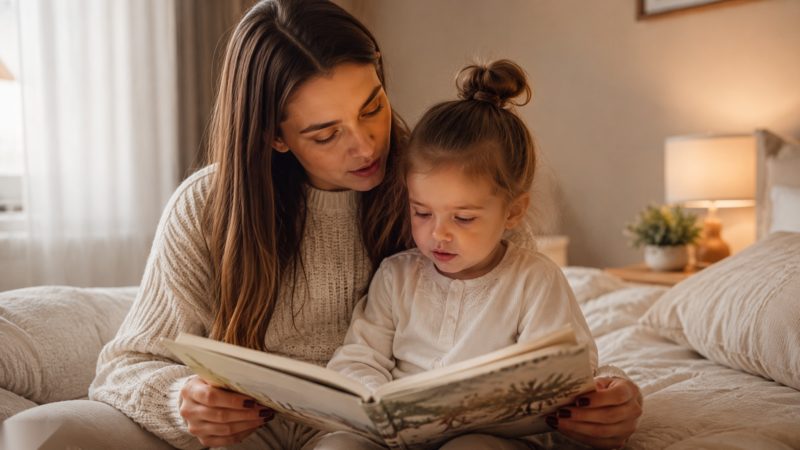 Мама в уютном свитере читает красочную книжку маленькой дочке на кровати